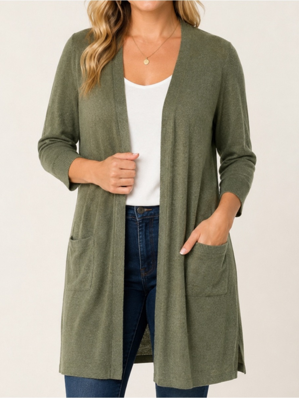 Jones Studio Cardigan Large Green Linen Viscose Long Open Front Pockets Duster